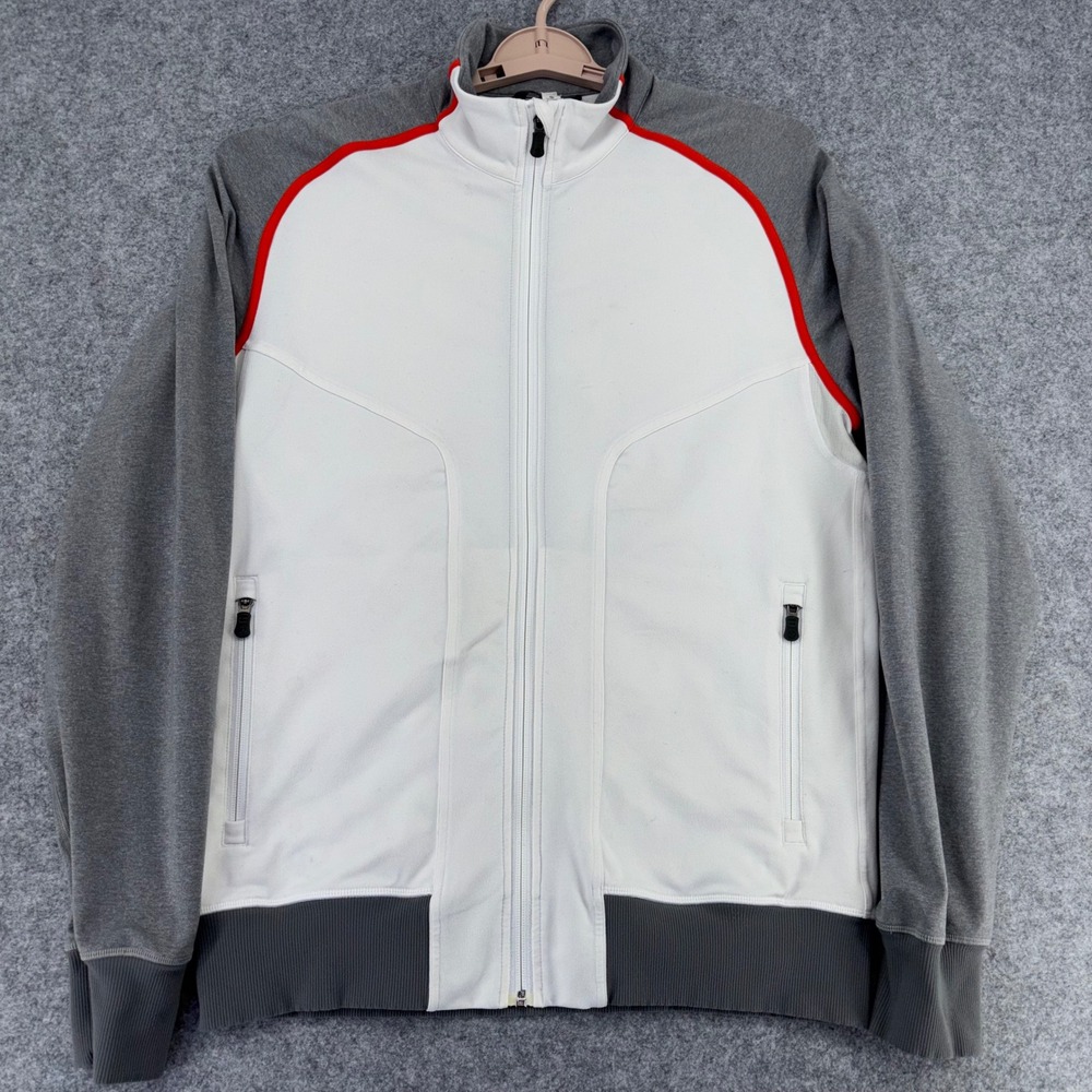 Lululemon Athletica Mens Track Jacket White Grey Red Piping Full Zip Size L